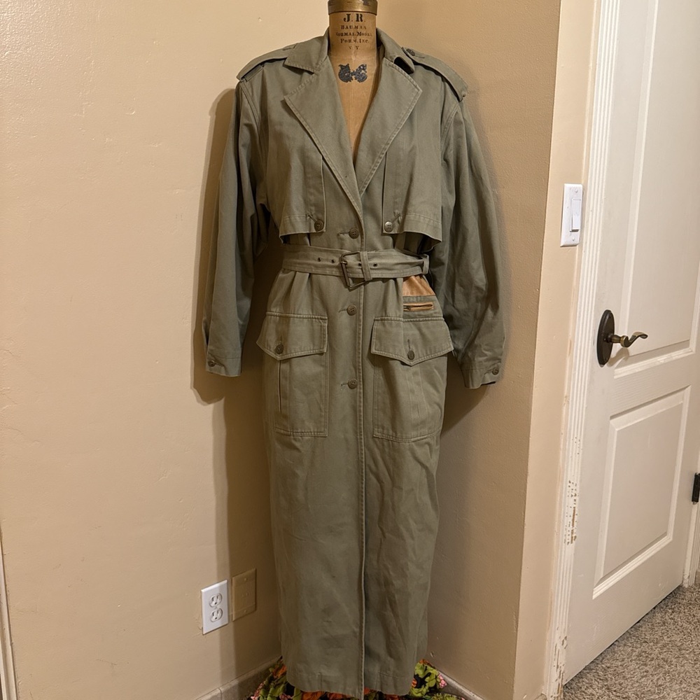 SOLD ON DEPOP Together! Vintage Olive Green Women's Trench Coat size 6 - Picture 1 of 10